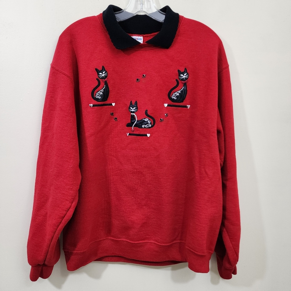 Vintage Y2K Jerzees collared cat applique sweatshirt woman's size large